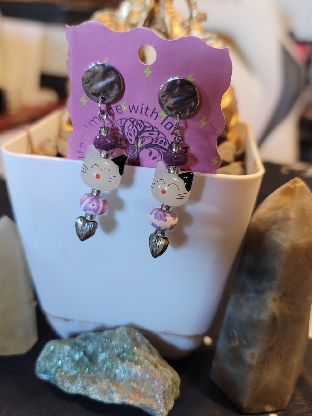 🔥3 For $20 Handmade Cute Whimsical Cat Dangle Purple Earring
